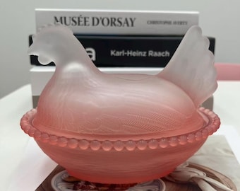Vintage farmhouse-style colorful glass chicken lying in its nest bowl, Small & Large Sizes,
