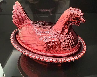 Electroplated Ruby Red Glass Hen Dish | Vintage Farmhouse Candy & Trinket Holder, Kitchen Decor