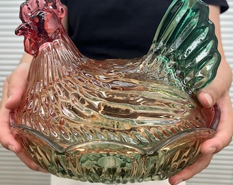 8.6" and 6.7" Two Size Color Shift Chicken Glass Bowl, Fruit Egg & Candy Organizer