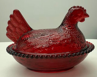 Vintage Ruby Red Glass Hen Dish, Farmhouse Decor, Multi-use Storage, Small & Large Sizes