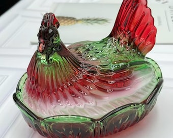 Red Green Gradient Glass Hen Dish, Christmas Farmhouse Decor, Egg Candy Storage Jar