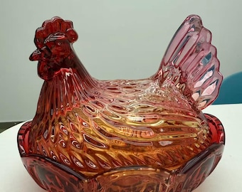 Cranberry Glass Hen Jar | 6.7x5.7x5.5" Farmhouse Kitchen Canister