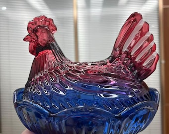 Ombre Glass Hen Dish | 4th of July Patriotic Farmhouse Decor, Candy & Trinket Holder
