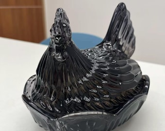 Smoke Gray Glass Hen Dish, Vintage Farmhouse Egg Holder, Multi-Use Storage Tray
