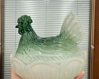 Green Opal Glass Hen Storage | 6.7x5.7x5.5" Farm Animal Home Gift