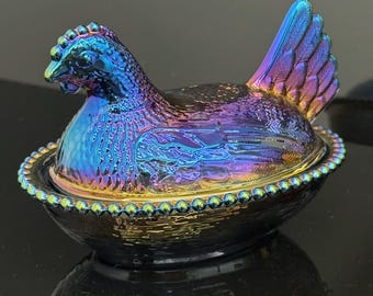 Blue Gray Iridescent Carnival Glass Hen Dish, Vintage Chicken Bowl, Jewelry Candy Storage