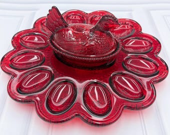 Elegant Red Pressed Glass 2pc Set, Hen on Nest Dish & Deviled Egg Platter