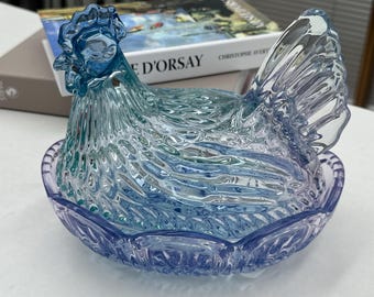 Blue Purple Glass Hen on Nest Dish, Vintage Farmhouse Kitchen Storage Decor, 8.6" Size