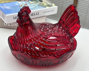 Ruby Red Glass Hen on Nest Candy Dish, Vintage Farmhouse Kitchen Decor, 2 Sizes