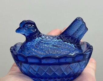 Small Blue Glass Hen Dish, Mini Kitchen Spice & Desk Organizer