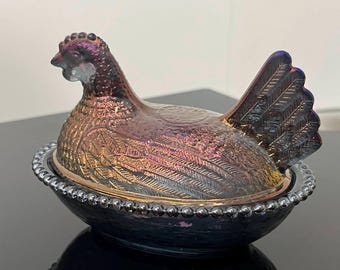 Small Black Iridescent Carnival Glass Chicken Dish, Egg Candy & Trinket Organizer