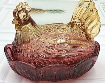 Vintage Gradient Amber Glass Hen on Nest Dish | Farmhouse Christmas Decor Storage