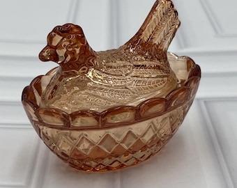 Mini Amber Glass Hen on Nest, Salt Cellar & Trinket Dish