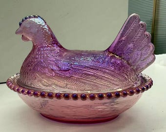 Iridescent Purple Glass Hen Dish | Metallic Farmhouse Storage & Decor
