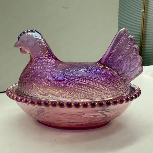 Iridescent Purple Glass Hen Dish | Metallic Farmhouse Storage & Decor
