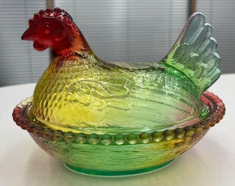 Vintage Rainbow Iridescent Glass Hen | Farmhouse Kitchen Decor | Collectible Glass Gift