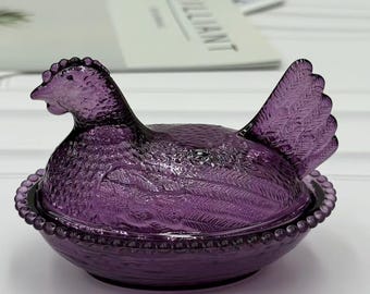 Purple Beaded Glass Hen Dish, Farmhouse Home Decor, Multiuse Egg Candy Jewelry Storage Gift
