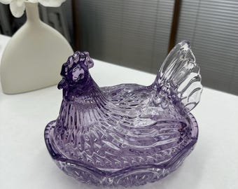 Purple Glass Hen on Nest Dish, Large Vintage Farmhouse Kitchen Storage Decor, 8.6" Size