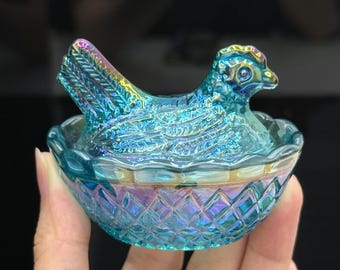 Blue Iridescent Carnival Glass Hen on Nest Dish, Farmhouse Kitchen Decor