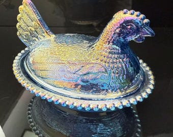Iridescent Blue Glass Hen Dish | Metallic Farmhouse Storage & Decor