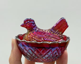 Iridescent Red Carnival Glass Hen on Nest Dish, Farmhouse Storage Bowl, Trinket Box