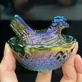 Iridescent Green Carnival Glass Hen on Nest Dish, Vintage Farmhouse Storage Bowl
