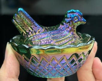 Iridescent Green Carnival Glass Hen on Nest Dish, Vintage Farmhouse Storage Bowl