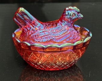 Iridescent Amber Carnival Glass Hen on Nest Dish, Farmhouse Salt Cellar Trinket Box