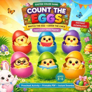 以下が含まれることがあります： 「COUNT THE EGGS」のテキストが入った、カラフルなイースターをテーマにしたグラフィック。さまざまな色のひびの入った卵の中にいる漫画のひよこ、ハートを持ったウサギ、卵のバスケットが描かれています。このゲームは3〜6歳向けです。