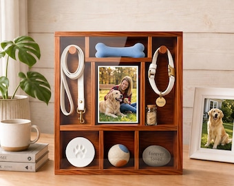 Solid Walnut Dog Memorial Shadow Box | Personalized Pet Loss Gift with Photo, Collar Holder & Keepsake Display | Custom Pet Memorial Gift