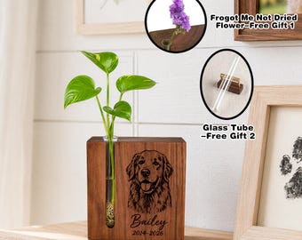 Personalized Pet Memorial Vase with Photo, Pet Loss Sympathy Gift for Dog Cat, Rainbow Bridge Remembrance Keepsake, Walnut Bud Vase