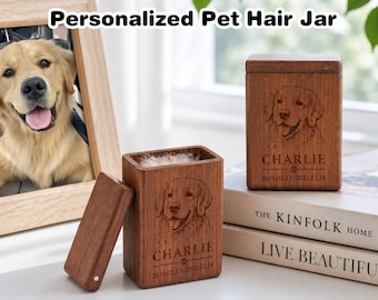 Pet Fur Keepsake Box with Photo, Personalized Dog Fur Memorial Jar in Walnut Wood, Pet Loss Remembrance Gift