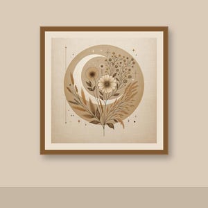 Könnte beinhalten: Gerahmter Druck mit einer botanischen Illustration. Das Kunstwerk zeigt einen Halbmond und eine kreisförmige Anordnung von Blumen, Weizen und Sternen in Beige- und Brauntönen. Der Druck befindet sich in einem braunen Holzrahmen.
