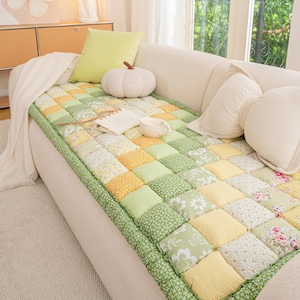 Handmade Patchwork Quilted Sofa Cover, Boho Floral Couch Protector, Non-Slip Mat, Custom Sizes Available