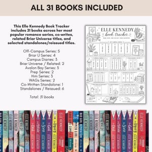 Elle Kennedy complete book tracker including Off-Campus, Briar U, Avalon Bay, Campus Diaries, and standalone romance books with checklist and rating pages.