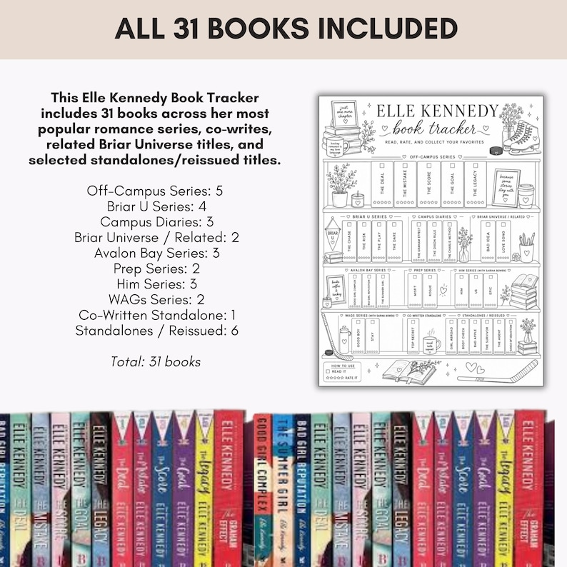 Elle Kennedy complete book tracker including Off-Campus, Briar U, Avalon Bay, Campus Diaries, and standalone romance books with checklist and rating pages.
