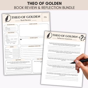 May include: A bundle of two printable book review and reflection sheets. The sheets are white with black text and a feather logo. The book review sheet includes sections for reader details, book details, and a rating system.