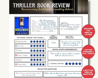 Thriller Book Review Template, Suspense Reading Tracker, Book Club Notes Printable