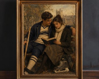Victorian Hockey Romance Print, Vintage Bookish Wall Art, Cozy Reading Nook Decor (Digital Download)