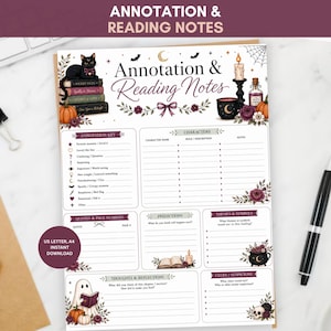 May include: A printed reading journal page titled Annotation & Reading Notes, featuring illustrations of a black cat on books, a candle, a pumpkin, and a ghost. The layout includes sections for an annotation key, characters, quotes, predictions, themes, and reflections.