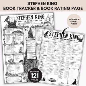 May include: A black and white Stephen King master book tracker and complete book rating tracker page set. The documents feature detailed illustrations of a typewriter, a raven, a castle, and a cat, alongside lists of 121 book titles to check off.
