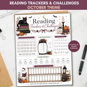 May include: A printable reading tracker and challenge sheet with an October theme. It features illustrations of a black cat on books, pumpkins, candles, and a ghost. Sections include a 31-day challenge, page tracker, reading streak, genre tracker, and a books read list with the text Reading Trackers & Challenges.