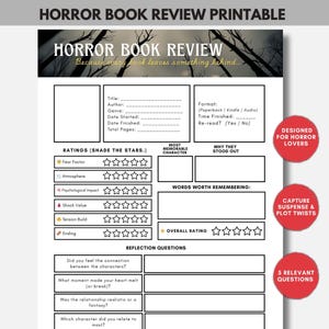 Peut inclure: Feuille de critique de livre d'horreur imprimable avec des sections à remplir pour le titre, l'auteur et les notes. Comprend des sections pour le facteur de peur, l'atmosphère et la note globale. Avec le texte : "Conçu pour les amateurs d'horreur".