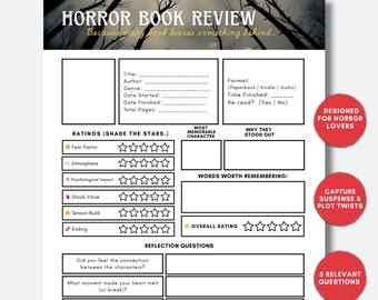 Horror Book Review Template, Reading Journal Printable, Book Club Notes Tracker