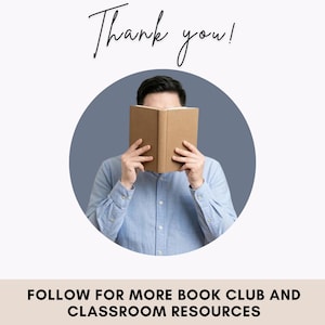 Puede incluir: Una camisa azul claro con una persona sosteniendo un libro color canela frente a su rostro. El texto "Thank you!" aparece en la parte superior y el texto "FOLLOW FOR MORE BOOK CLUB AND CLASSROOM RESOURCES" est&aacute; impreso en la parte inferior.