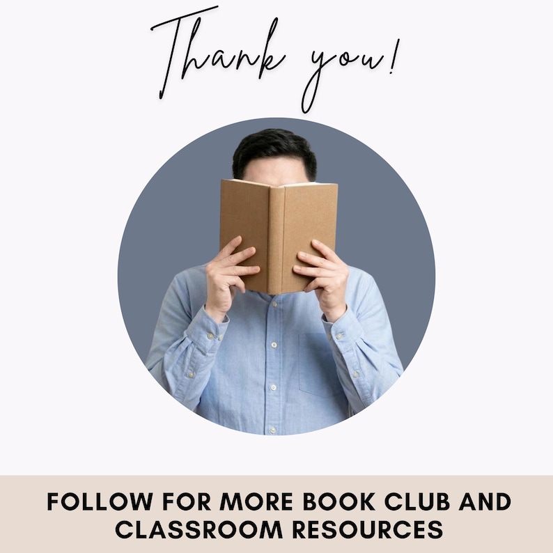Puede incluir: Una camisa azul claro con una persona sosteniendo un libro color canela frente a su rostro. El texto "Thank you!" aparece en la parte superior y el texto "FOLLOW FOR MORE BOOK CLUB AND CLASSROOM RESOURCES" est&aacute; impreso en la parte inferior.