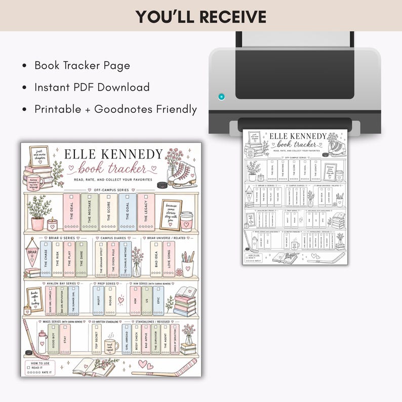 Elle Kennedy digital download book tracker printable with instant PDF download, GoodNotes compatibility, and printable romance reading journal pages.