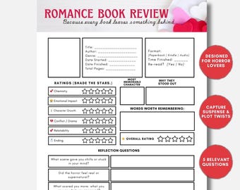 Romance Book Review Template, Reading Journal Printable, Love Story Tracker, Book Club Notes
