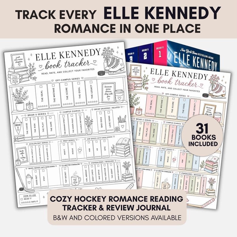 Elle Kennedy book tracker printable featuring hockey romance reading log, bookshelf tracker, review journal, and 31 included books in minimalist black and white aesthetic.