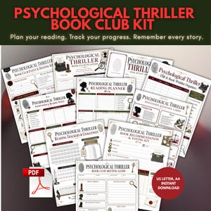 May include: A psychological thriller book club kit featuring multiple printable pages including a reading planner, meeting guide, discussion cards, and trackers. The documents contain text, illustrations of typewriters, keys, and magnifying glasses.